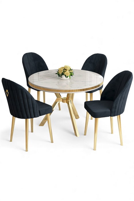Hanah Home Mos Juego de Mesa y Sillas Blanco Mármol, Dorado y Antracita
